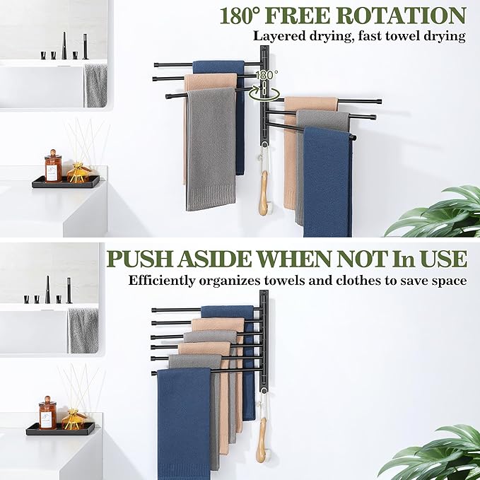 Alise Swivel Towel Rack, SUS304 Stainless Steel 6 Arms Towel Bar, Space Saving Swing Out Towel Bar with Hook, Towel Racks Wall Mounted for Bathroom, Matte Black