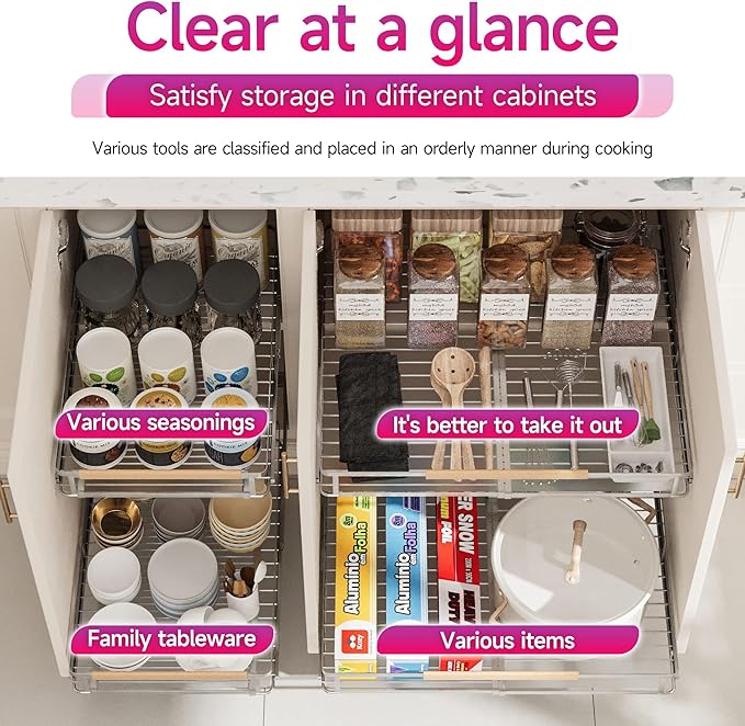 Pull Out Cabinet Organizer, Expandable(14.9"~25.9") Cabinet Drawers Slide Out, Adjustable Width Roll 0ut Shelf Cabinet Organizer for Kitchen Base Cabinet Organization (Large, 1Pack)