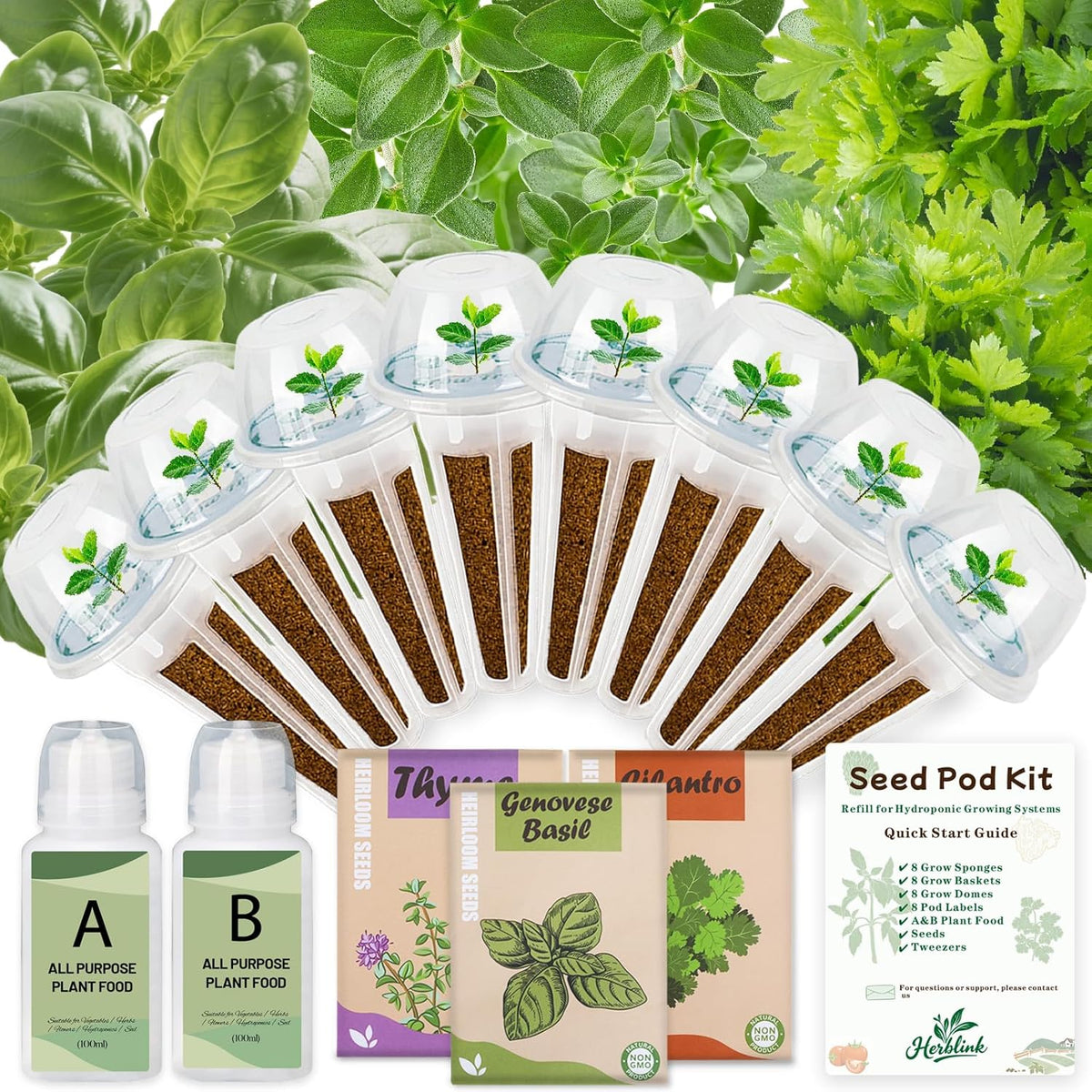 Herb Seed Pods Kit Hydroponic - Refill Pod for All Indoor Garden, 8 Grow Pods with Seeds of Genovese Basil, Cilantro and Thyme, Compatible with All Hydroponics Growing Systems