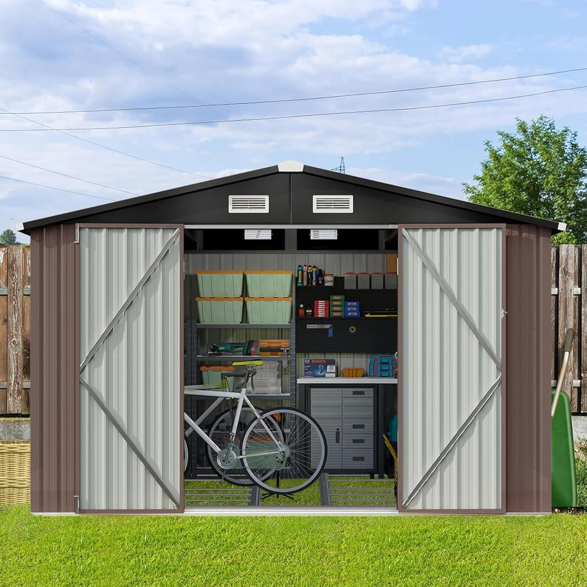 Aoxun 9.4x7.3x6.5 FT Outdoor Storage Shed, Garbage Can, Outdoor Metal Shed for Tool, Garden, Bike, Placed in Patio, Garden Brown Base Included