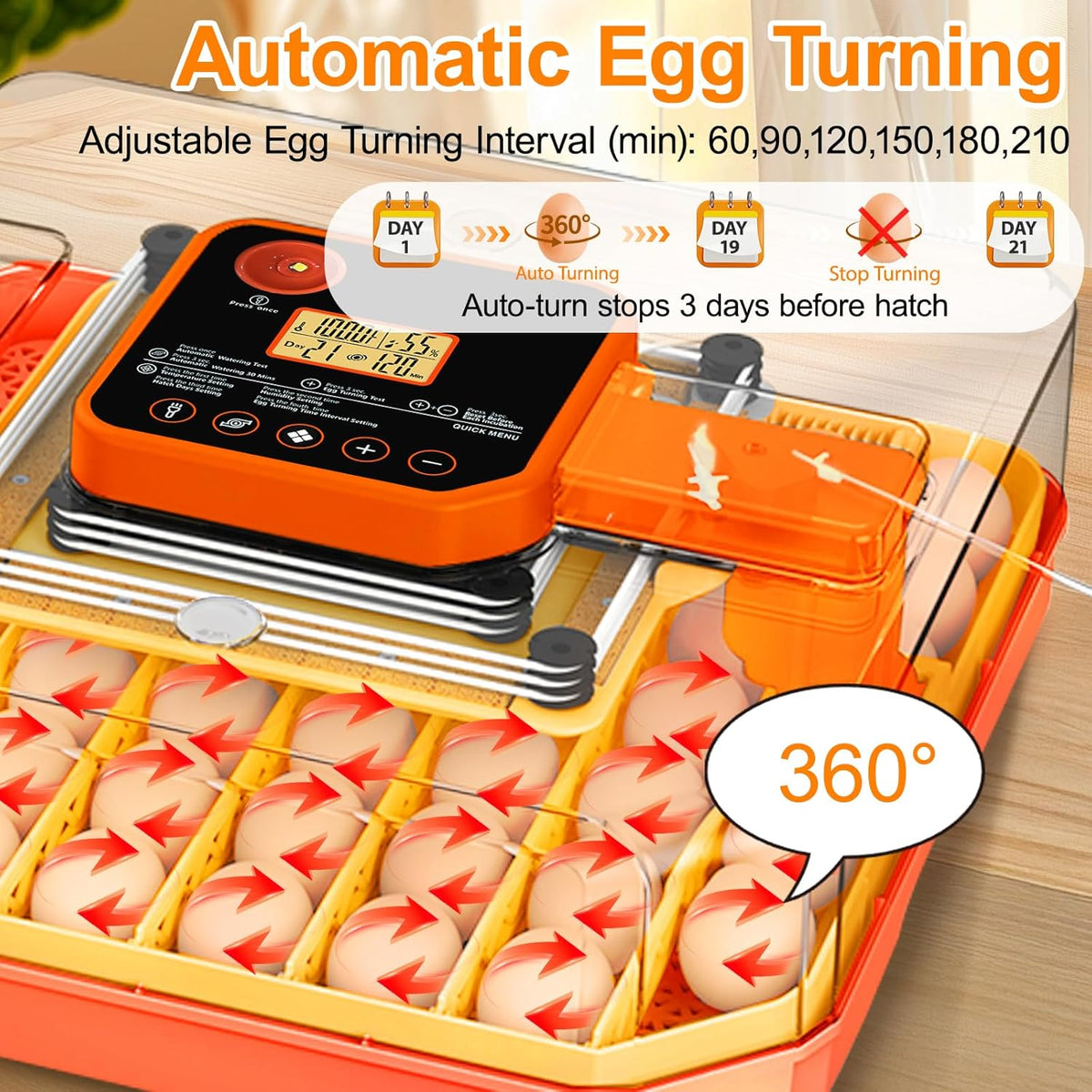 48 Egg Incubators for Hatching Eggs, Smart Egg Incubator with Automatic Egg Turning, Temperature and Humidity Control, Egg Candler, External Water Bottle Refill & Air Vent, 360° Clear View