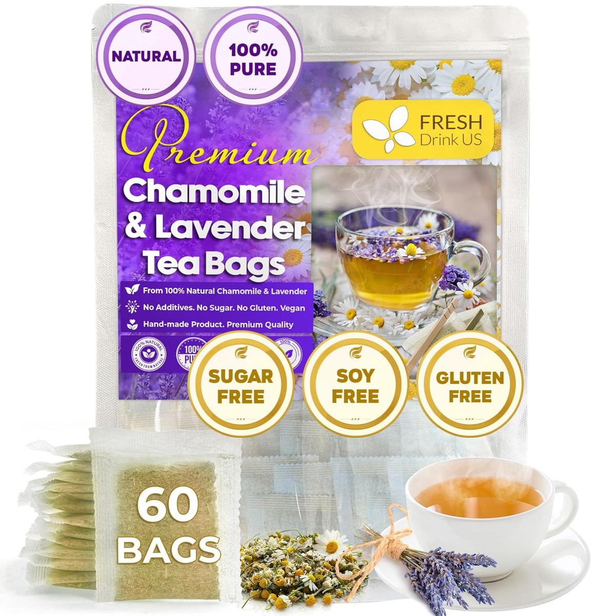 FreshDrinkUS, Premium 60 Chamomile Lavender Tea Bags, Calming Herbal Blend Strong Support for Relaxation & Better Sleep | Naturally Caffeine-Free Bedtime Tea with Soothing Floral Aroma, 100% Natural, Hand-made No Sugar/ Caffeine/ Gluten, Vegan