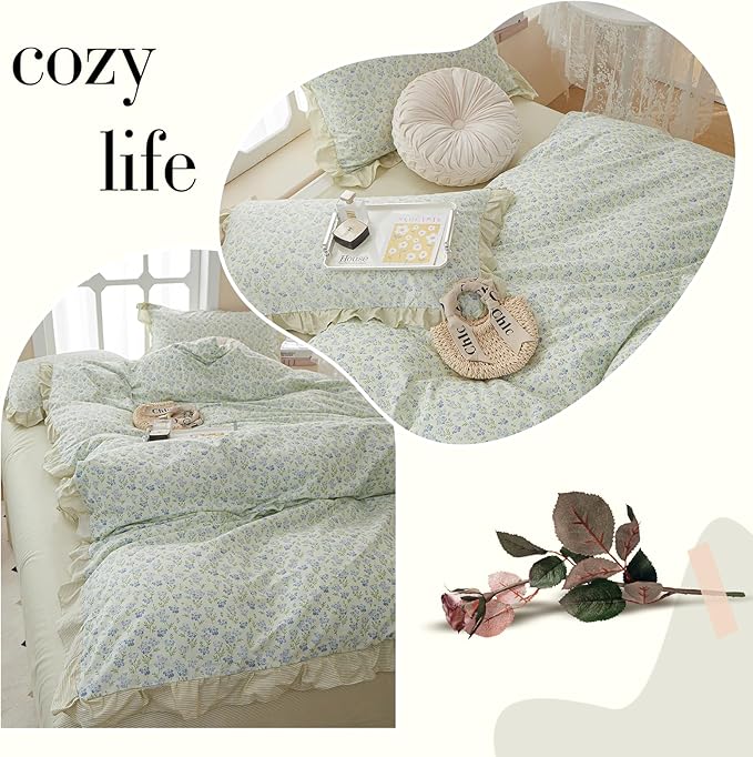 Green Ruffle Comforter Set Full Size Girls Blue Flowers Comforter Fluffy Soft Vintage Floral Bedding Set Cottagecore Botanical Floral Comforter Set with 2 Ruffle Lace Pillowcases for All Seasons
