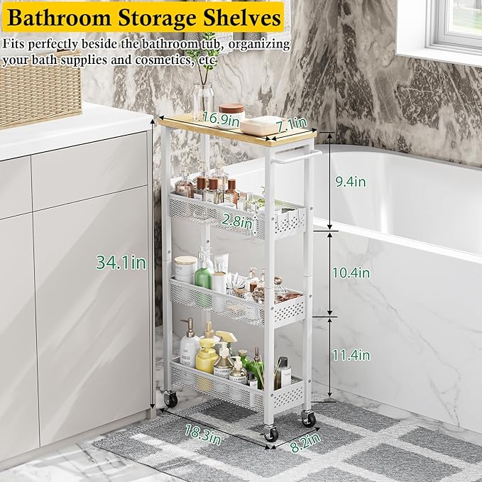 OKZEST Utility Slim Storage Cart, 4 Tier Small Rolling Kitchen Laundry Room Cart with Wood Top, Metal Narrow Bathroom Storage Cabinet Mobile Shelf Unit Organizer Trolley with Handle for Narrow Space