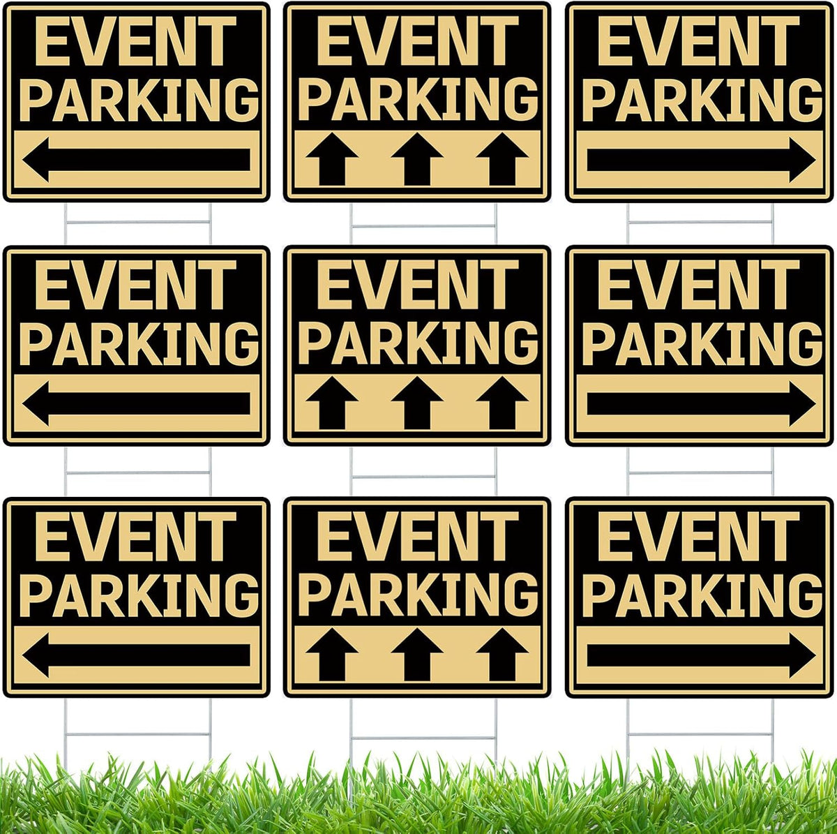 Juexica 9 Pieces 16 x 12 Inches Outdoor Event Parking Signs with Arrow Corrugated Plastic Yard Double Sided Event Signs Outdoor Directional Guest Parking(Black and Gold)
