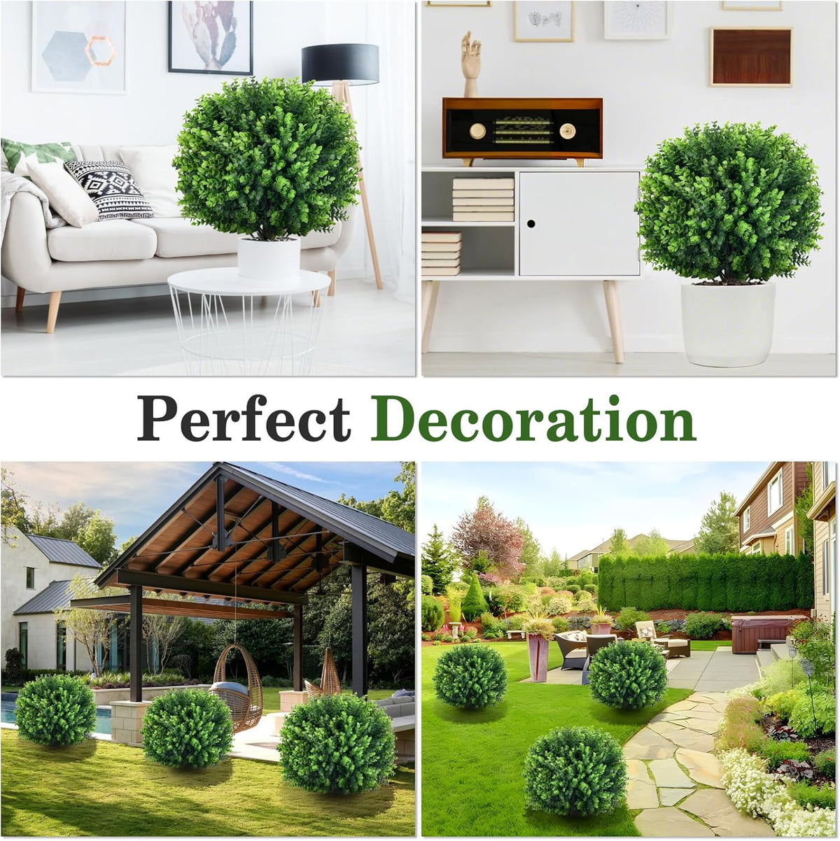 Artificial Topiary Tree with Eucalyptus, Set of 2 UV Resistant 17in Miniature Trees, Outdoor for Porch, Fake Bonsai Topiaries, Greenery Balls, Faux Shrubs for Planters, Curb Appeal Decor
