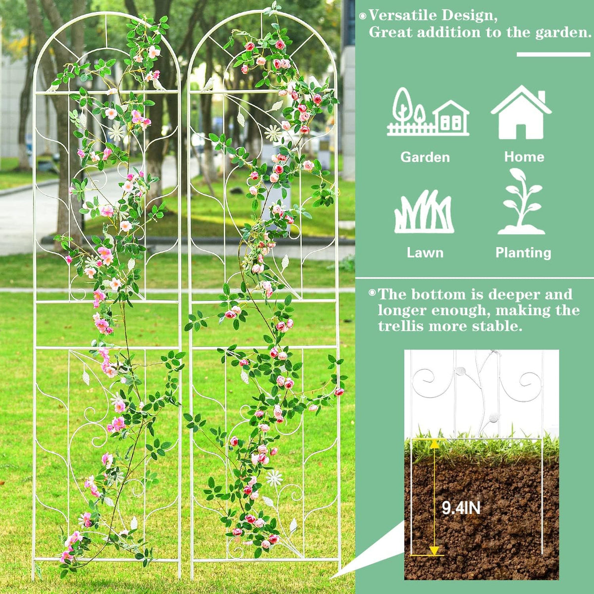 Sungmor Metal Trellises for Climbing Plants, Overall 20 Inch Width & 82.5 Inch Tall, 2PC White Pack, Decorative Retro Style Trellis Fence Panels, Garden Plant Support, Flower Rose Climbing Rack