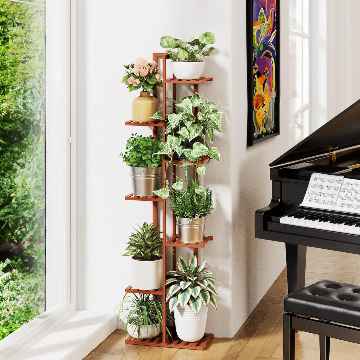 ROSSNY 55 Inch Tall Plant Stand Indoor, 7 Tier 8 Potted Bamboo Plant Stands for Indoor Plants, Corner Plant Stand, Tiered Plant Stands, Plant Shelf For Indoor, Planter Holder for Multiple Plants Indoor, Brown