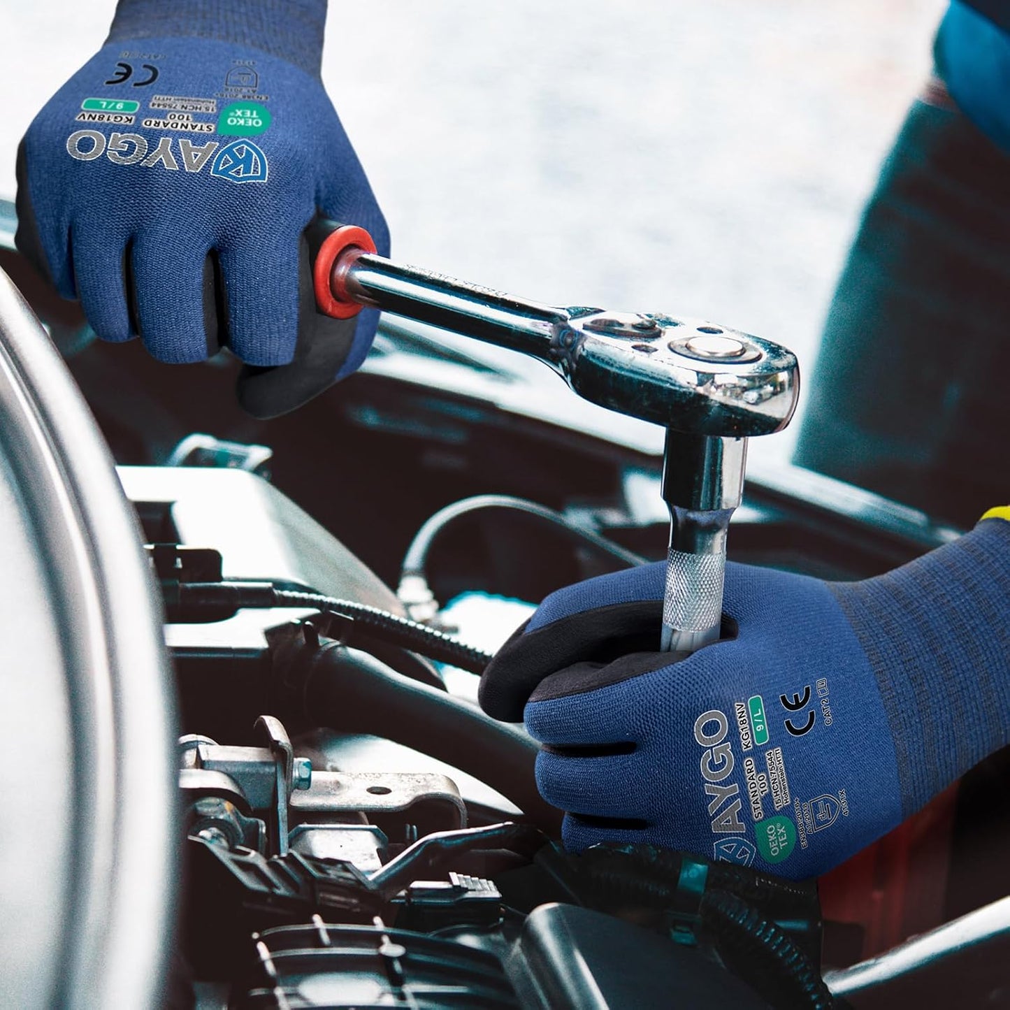KAYGO Safety Work Gloves MicroFoam Nitrile Coated, 3 Pairs KG18NB,Seamless Knit Nylon Glove for Men and Women, Ideal for Automotive,Warehouse,Construction (S, Dark Blue)