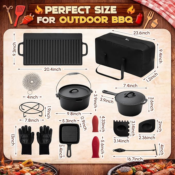 Geetery 15 Pcs Pre-seasoned Cast Iron Cookware Set, Dutch Oven Camping Accessories Kit with Skillet, Pan, Pot, Gloves, Lid Lifter, Storage Bag, Scrubber for Kitchen Ourdoor Campfire Grill BBQ Cookware