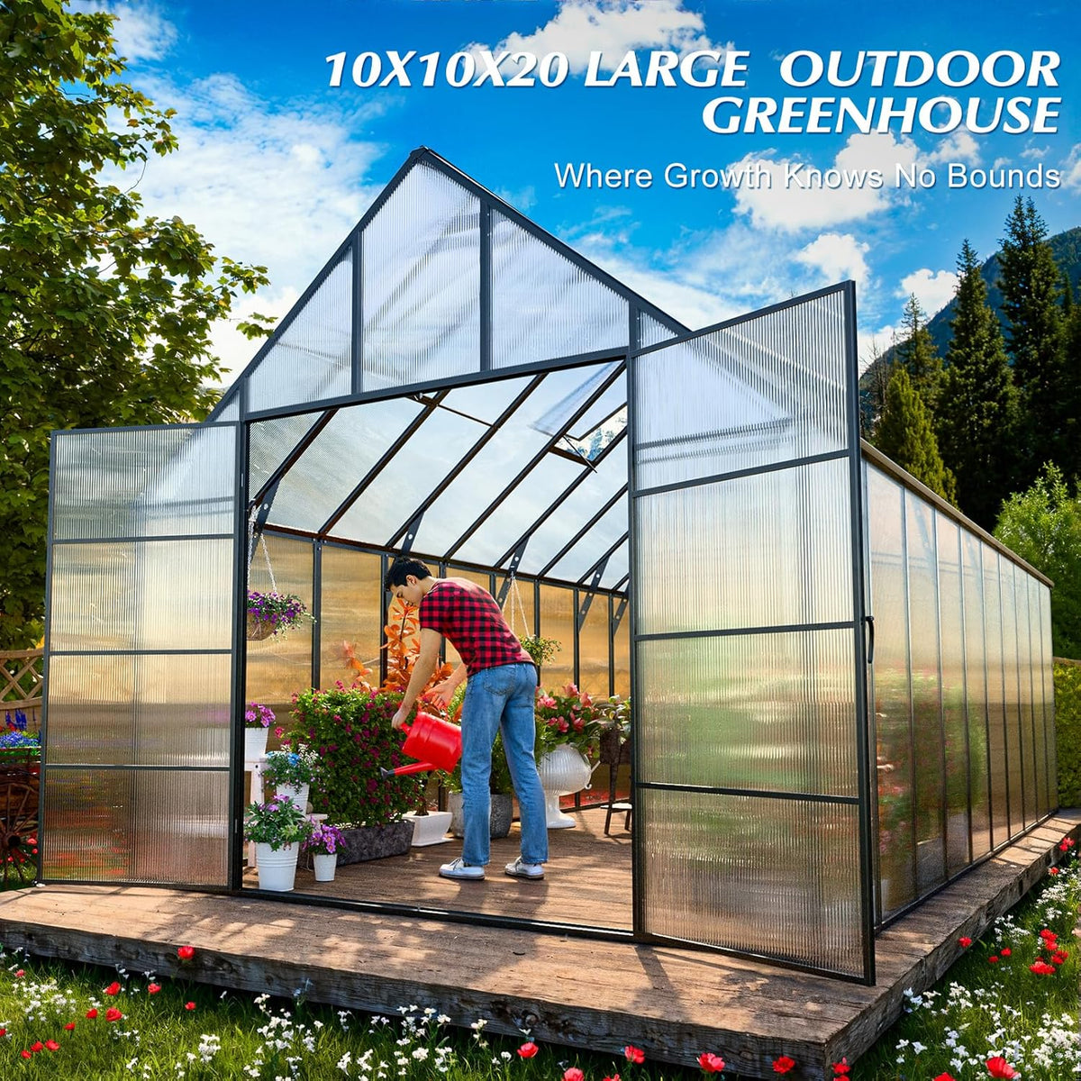 10'x10'x20' Snap-Together Greenhouse - Easy 3-Way Connectors, Heavy-Duty Aluminum Frame, Wind/Snow Resistant for Gardening/Urban Farming, Includes Sliding Door & Ventilation Windows