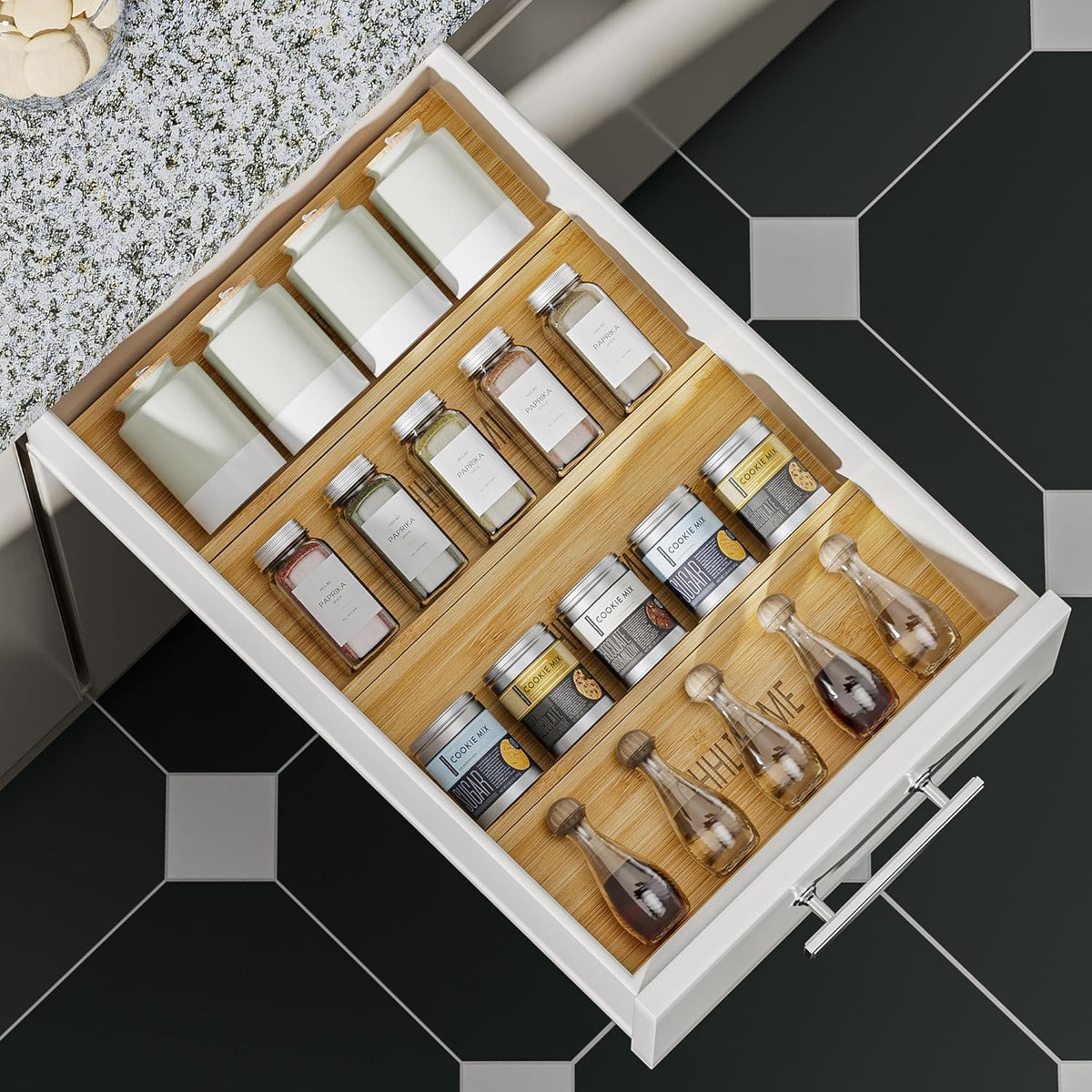 Bamboo Spice Drawer Organizer - 4 Pack 13"x4.7"x1.6" Spice Rack Tray - Spice Jars Drawers Insert - Seasoning Organizer for Drawers/Countertop (Jars not included)…