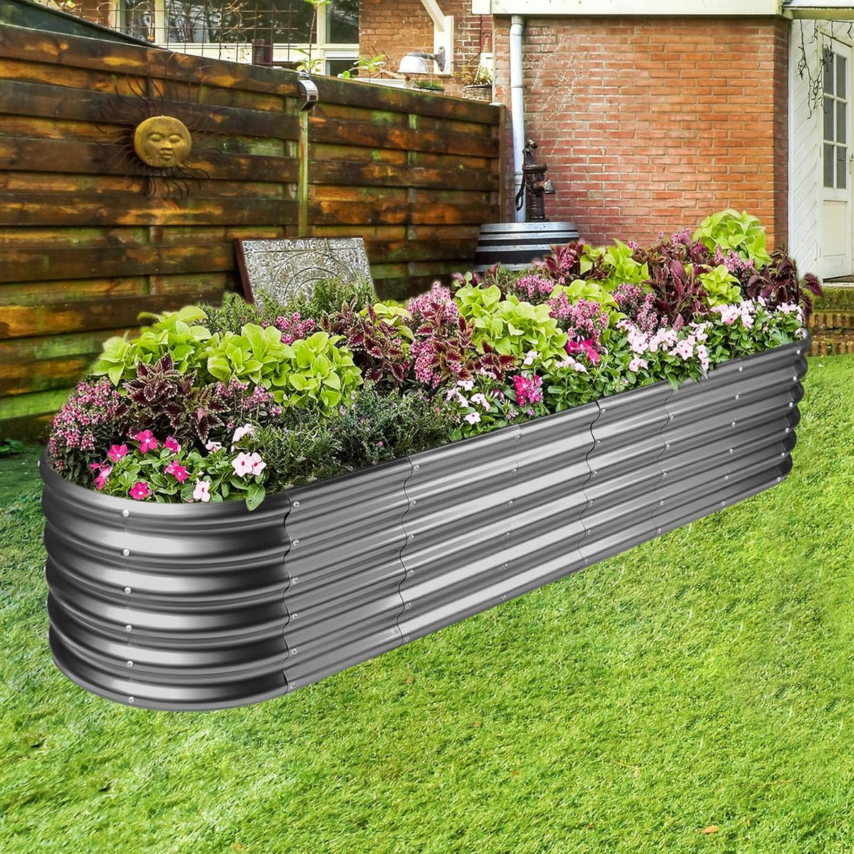 Land Guard 8×2×1.5ft Galvanized Raised Garden Bed Kit, Raised Garden Boxes Outdoor, Oval Metal Raised Garden Beds for Vegetables, Modern Grey