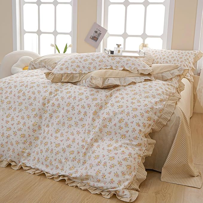 French Style Ruffle Floral Comforter Set Twin XL Vintage Garden Floral Bedding Comforter Reversible Yellow Plaid Bedding Set Rose Flowers Botanical Comforter Set with 2 Pillowcases for All Season