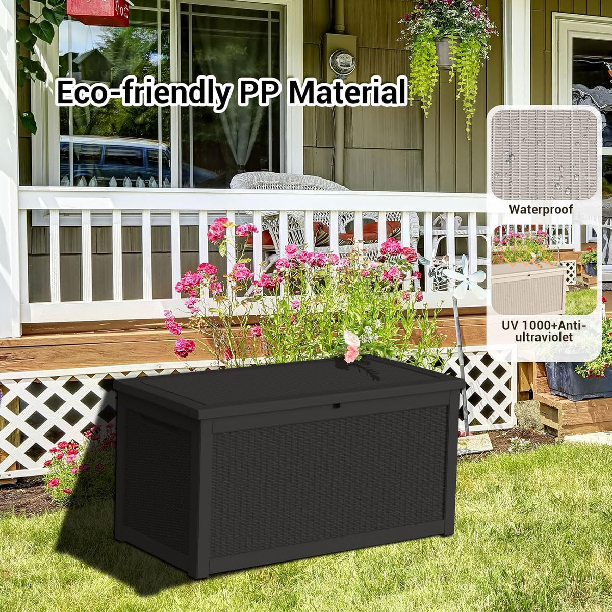 DRATO 260 Gallon Deck Box, Outdoor Large Waterproof Resin Storage Box with Lockable Lid for Patio Cushions, Gardening Tools, Sports Equipment, Black