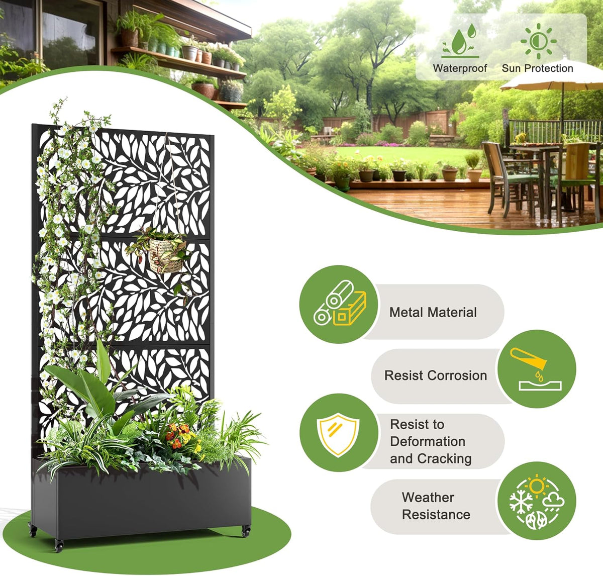 FENCY Metal Raised Garden Bed with Wheels and Trellis,73"x35"x16" Planter Box for Climbing Plants, Vegetables & Vines, Features Privacy Screen and Drainage Holes (Black-Leaf-2)