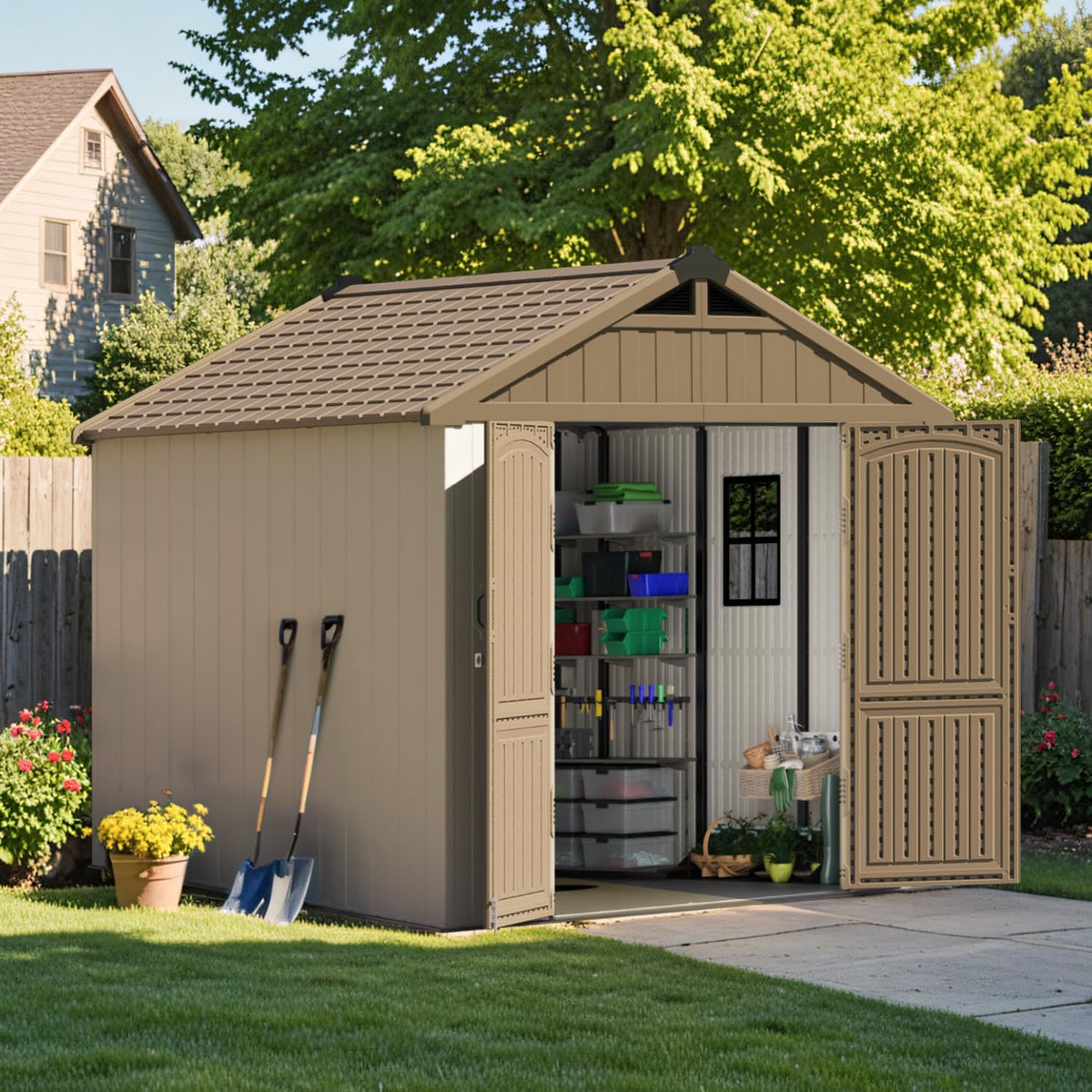 Patiowell 8 x 8 FT Plastic Outdoor Storage Shed with Floor, Resin Shed with Window and Lockable Door for Garden, Backyard, Tool Storage Use, Easy to Install in Brown (Kick-it Shed)