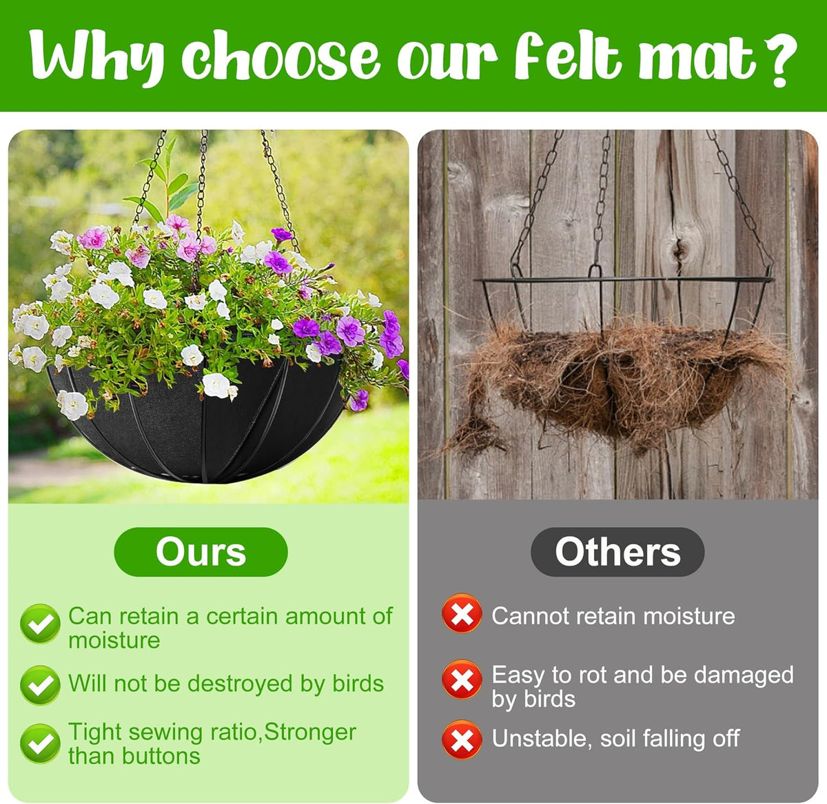 Adnee 3 Pcs 16 Inch Fabric Planter Basket Liner-Felt Flower Pot Liners-Hanging Plant Basket Fiber Insert for Garden Wall Hanging Planter Flower Vegetables(Round)