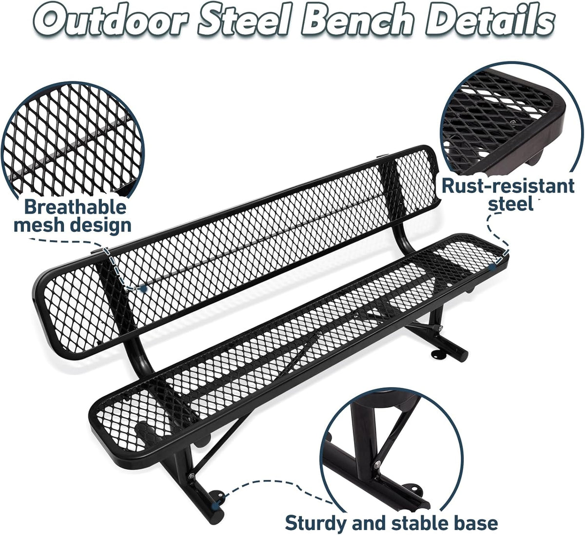 Outdoor Garden Bench, Cast Iron Metal Frame Patio Park Bench with Backrest, Portable Expanded Metal Black Bench, Commercial-Grade Outdoor Seating for Lawn, Patio, Park, Yard, Garden (Black, 6FT/72')