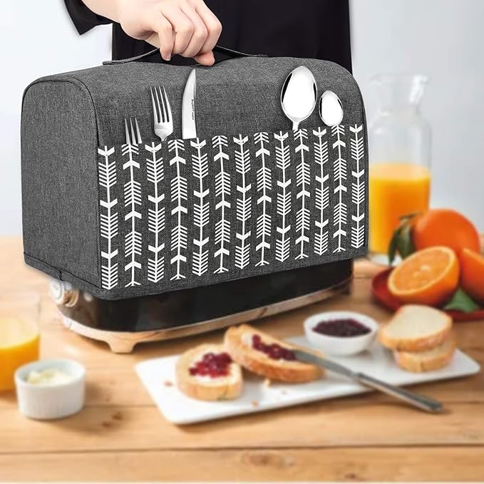 Yarwo 2 Slice Toaster Cover with Pockets and Top Handle, Nylon Toaster Cover Fits for Most Standard 2 slice Toasters, Gray with Arrow