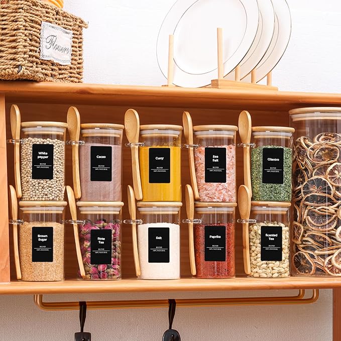 ComSaf Spice Jars with Spoon 8 oz 6Pack, Small Spice Containers Starter Set, Glass Seasoning Jars with Labels, Round Seasoning Containers for Salt, Pepper, Chili Powder, Sugar, Loose Tea Storage