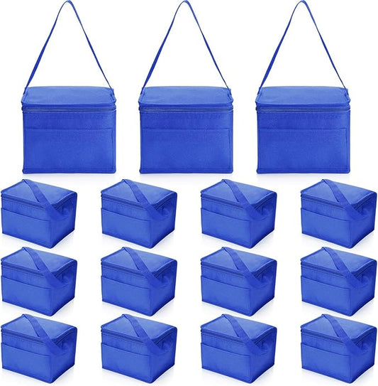 Nuogo 15 Pack Insulated Lunch Bags Bulk, Reusable Cooler Boxes, Leakproof Lunch Boxes Set, Waterproof Thermal Coolers, Insulated Beverage Bag for Women Men Work Picnic Beach(Blue)
