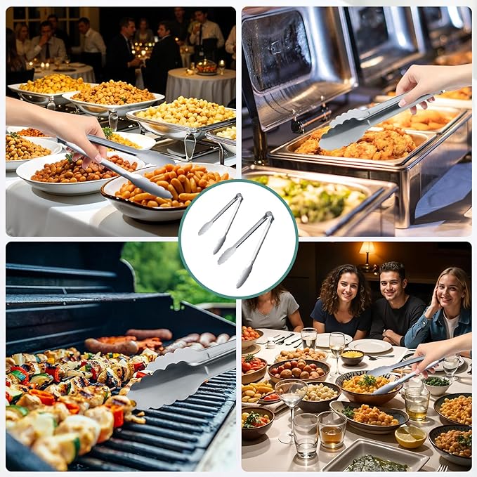 12 pieces Buffet Tongs 9'' Inches Serving Tongs Heavy Duty Stainless steel Kitchen and BBQ Utility Tong (Silver, 9inch)