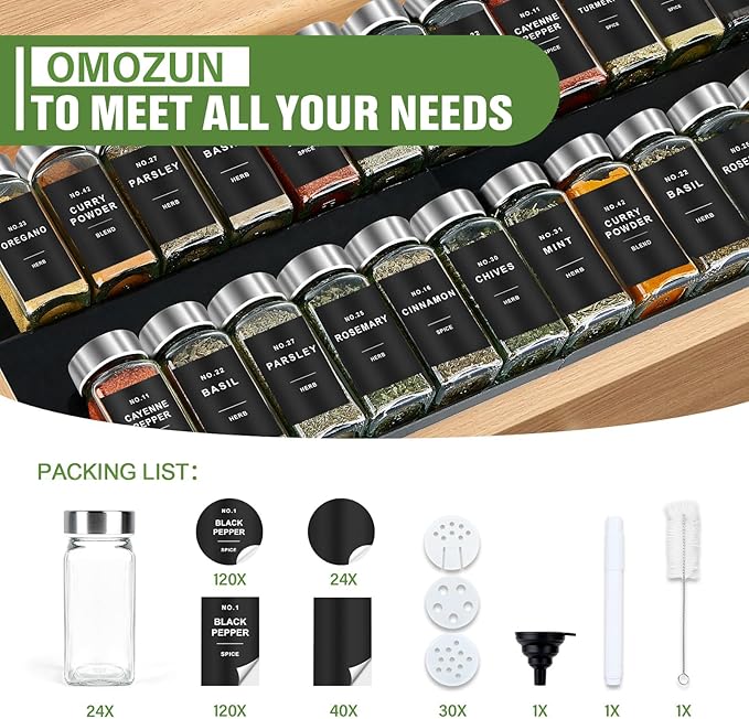 Spice Jars with Label, 24pcs 4oz Glass Spice Jars with Stainless Steel Lids, Square Spice Containers with 304 Labels and Shaker Inserts, Empty Seasoning Bottles for Drawer, Cabinet, Organizer