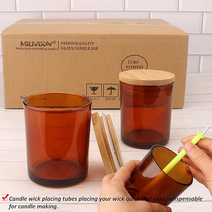 MILIVIXAY 12 Pack 12 OZ Amber Glass Candle Jars with Lids and Candle Making Kits - Bulk Empty Candle Jars for Making Candles - Spice, Powder Containers.