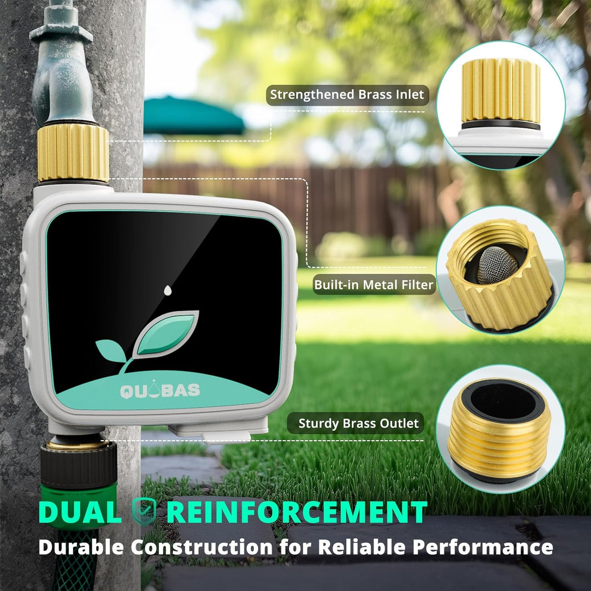 QUOBAS WiFi Sprinkler Timer with Brass Inlet & Outlet, Smart Water Timer for Garden Hose with APP Remote Control, Manual Watering, Rain Delay Watering, for Lawn, Garden