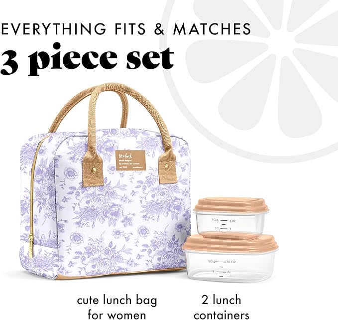 Fit & Fresh Bloomington Lunch Bag for Women - Insulated Large Lunch Box for Work with Containers, Leak-Resistant, Stain-Resistant, Zipper Closure, Lavender Toile