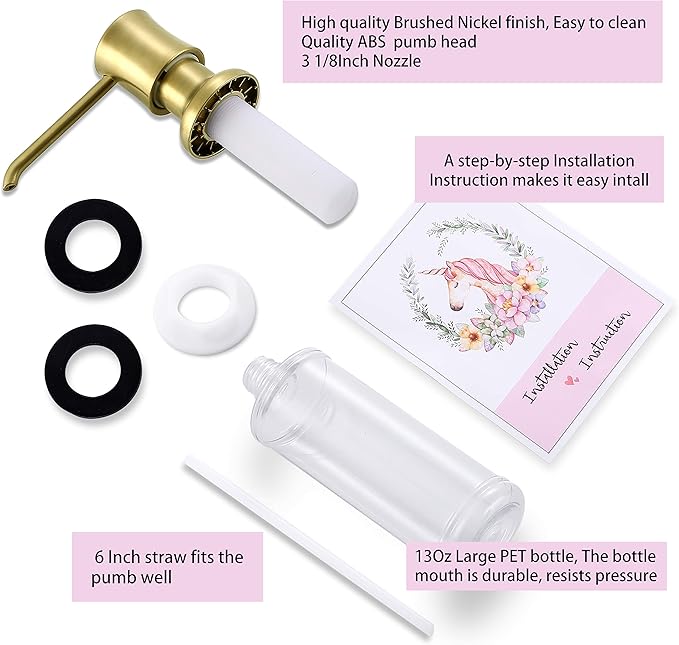 Brushed Gold Sink Soap Dispenser for Kitchen Sink (Gold Brushed),Dish & Hand Liquid Soap Dispenser，Built-in & Refill from Top Type