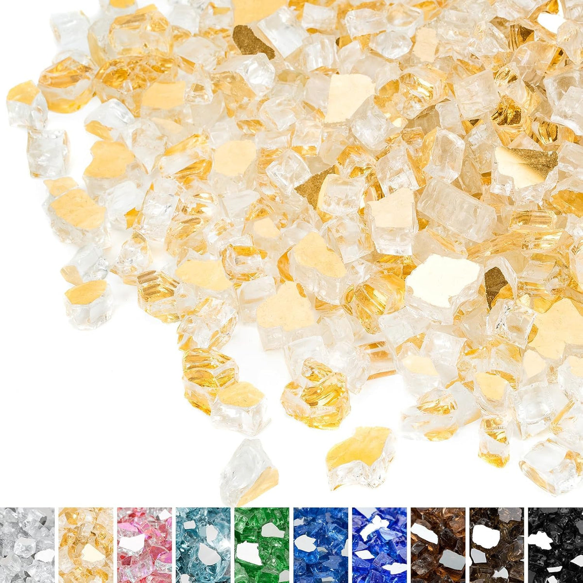 Mr. Fireglass 10 Pounds Fire Glass - 1/4 Inch High Luster Reflective Tempered Glass Rocks for Fireplace Fire Pit Table and Landscaping, Gold