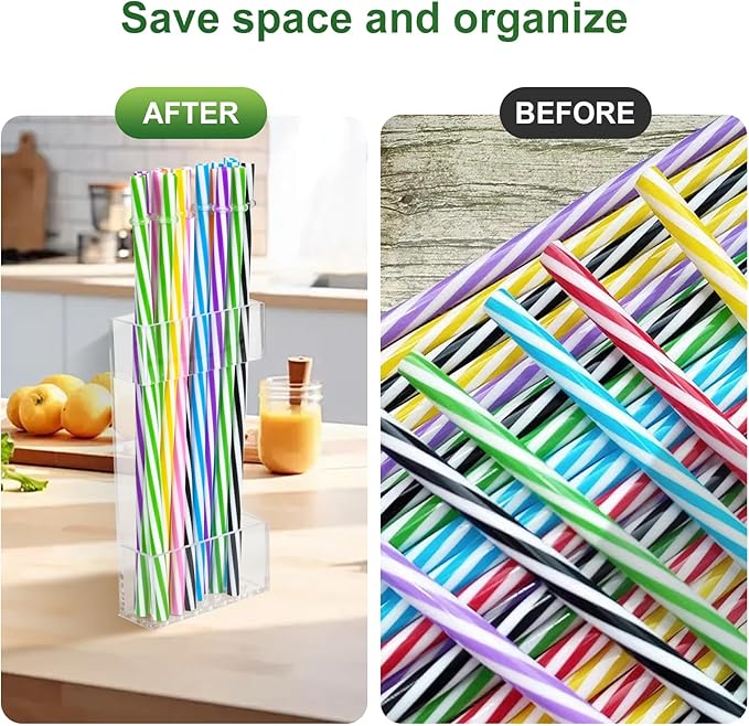 2 PACK Acrylic Straw Holder for Cabinet Doors, Reusable Straw Organizer with Ultra-Sticky Adhesive, Small Kitchen Accessories Container, Fits Both Short & Long Straws (Transparent)