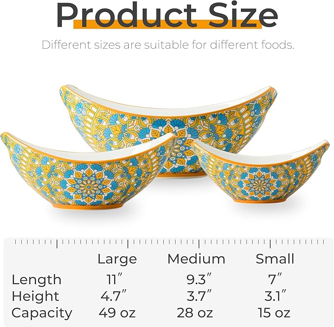 LAUCHUH Serving Dishes for Entertaining, Porcelain Serving Bowls with Handles Bohemian Salad Bowls Set Nesting Bowls for Mother's Day Party, Set of 3, 15/28/49 oz, Blue and Yellow