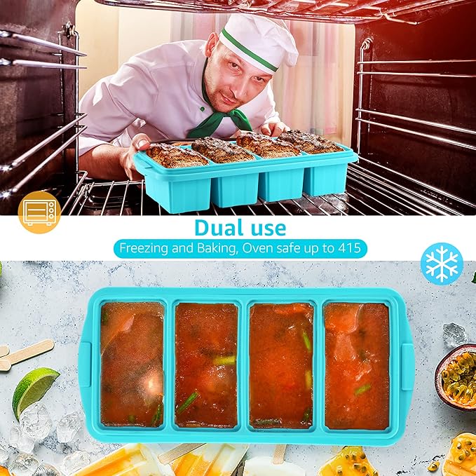 Ztomine Silicone Freezer Tray With Lid - Silicone Freezer Food Molds- Large Ice Cube Tray,Silicone Freezer Container,Freeze & Store Soup, Sauce, Broth,Leftovers - Makes 4 Perfect 1 Cup
