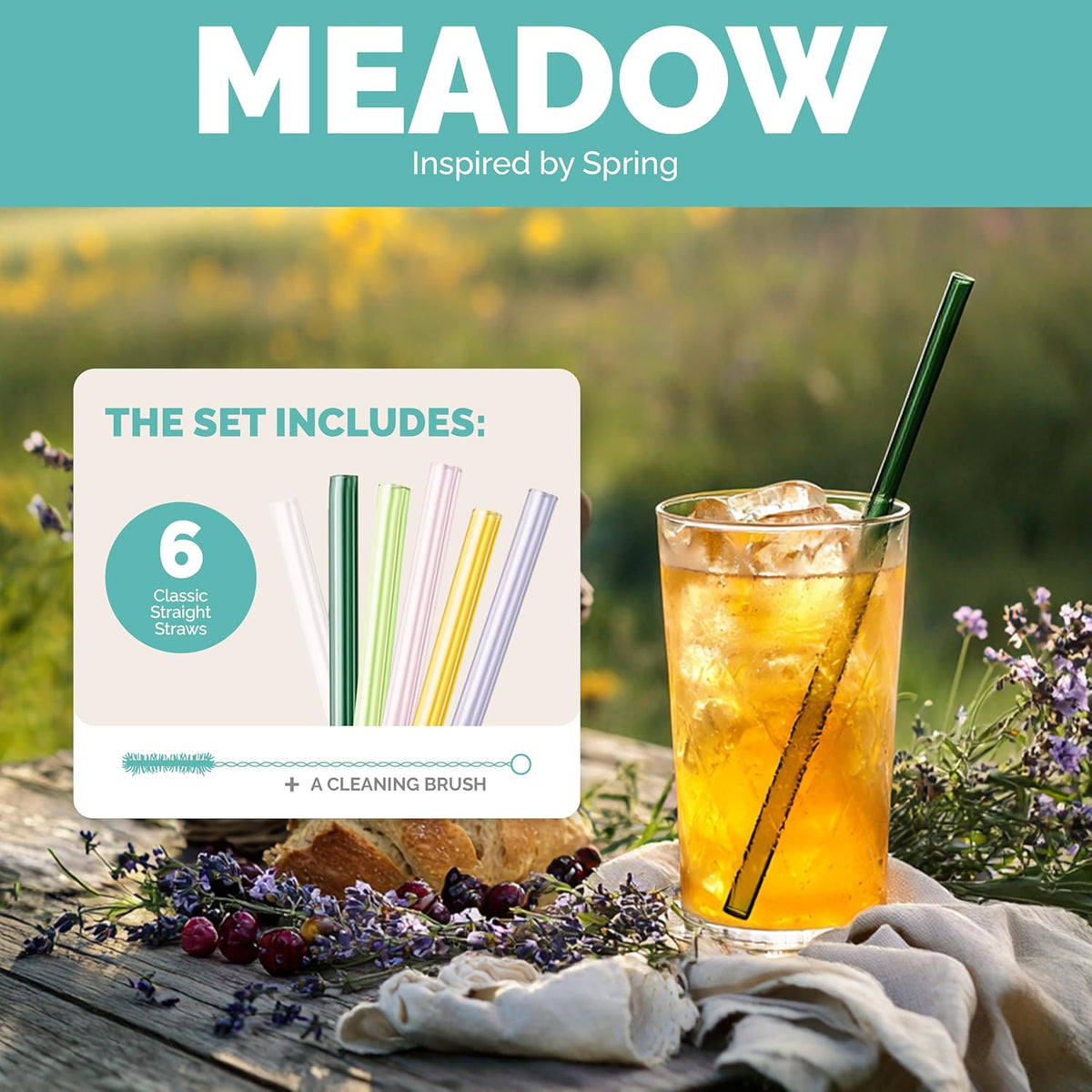Simply Straws 6 Inch Glass Straws Straight (6-Pack) – Reusable Glass Straws for Low Balls & Stemless Glasses, with Cleaning Brush – Dishwasher Safe, Hot & Cold Use, BPA-Free (Meadow)