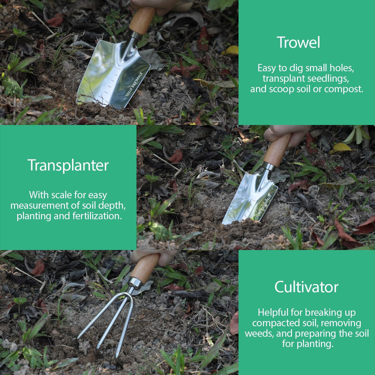 LeMotech Garden Tool Set, 3Pcs Stainless Steel Heavy Duty Gardening Kit Including Trowel Transplanter Cultivator Gardening Hand Tools with Handle, Planting Tool for Women Men