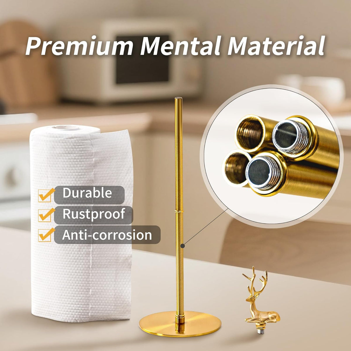 Gold Paper Towel Holder for Countertop, Vintage Brass Paper Holder for Kitchen, Bathroom, Dining Room, Non-Scratch Base & Detachable Deer