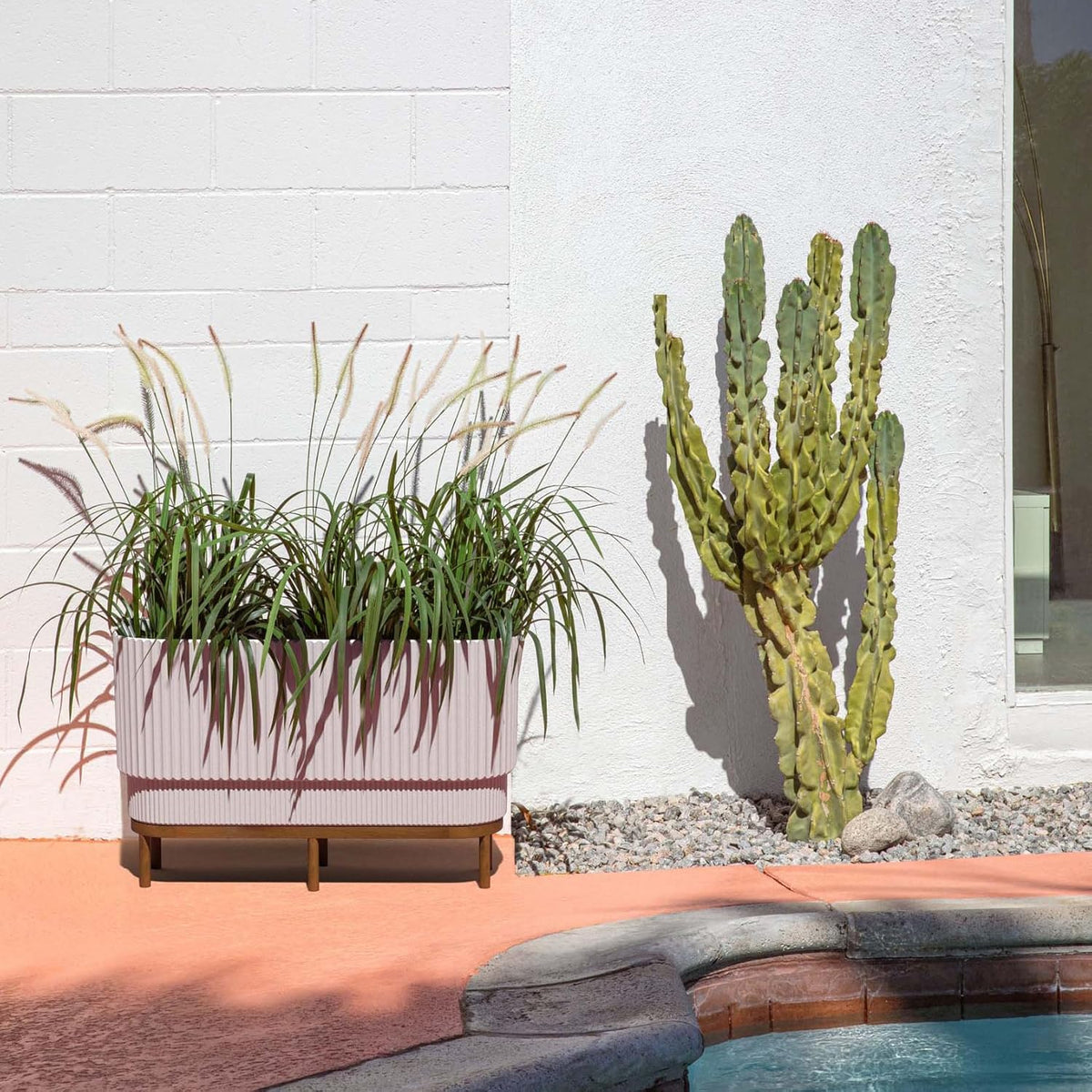 Veradek Demi Series Raised Long Planter for Indoor/Outdoor Use | Made from Plastic & Stone w/Wooden Stand | Modern Patio Décor for Flowers/Shrubs