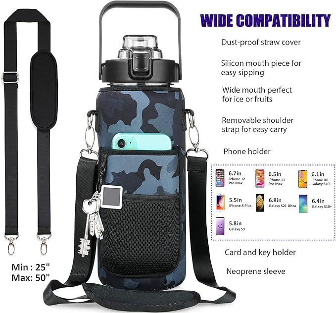 Half Gallon Water Bottle with Sleeve, 64OZ Motivational Water Bottle with Straw & Time Marker, BPA Free Leakproof Large Sports Water Bottle, Reusable Water Jug for Workout Gym Sport