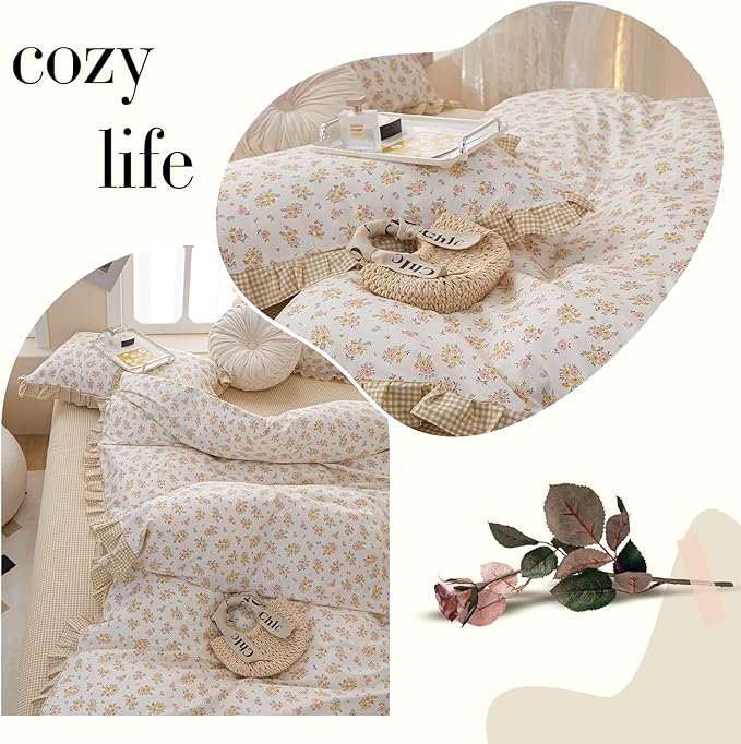 Ruffle Floral Comforter Set Full Size 3 Pieces Chic Coquette Bedding Aesthetic Flower Comforter with 2 Lace Pillowcases Romantic Ruffled Comforter Floral Cottagecore Bedding Fluffy Bed Set Full