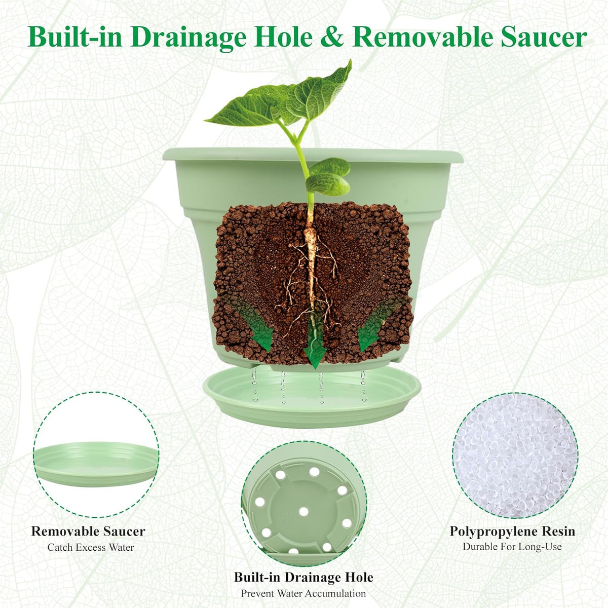 10 Inch Plastic-Flower-Pot-for-Indoor-Plants, 4 Pack Large Outdoor Planter Pot with Drainage Holes & Saucers, Resin Decorative Garden Pots Planters