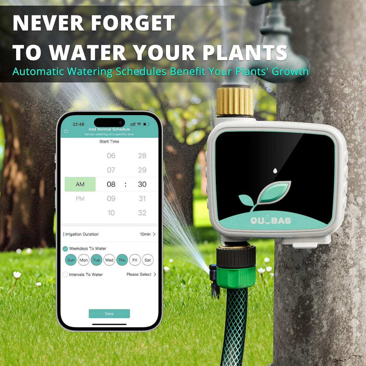QUOBAS WiFi Sprinkler Timer with Brass Inlet & Outlet, Smart Water Timer for Garden Hose with APP Remote Control, Manual Watering, Rain Delay Watering, for Lawn, Garden