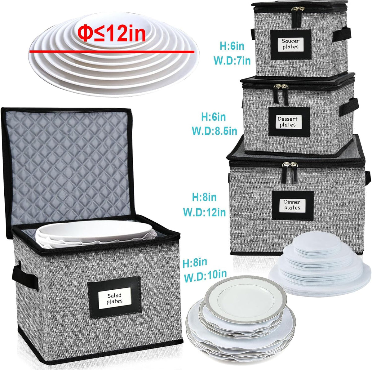 5 PACK China Storage Containers-Quilted Mug Storage and Moving Boxes for Dishes,Dish Packing Supplies for Moving,Dinnerware &Accessories,Holds a total of 48 plates (4 sizes) and 12 cups(Grey)