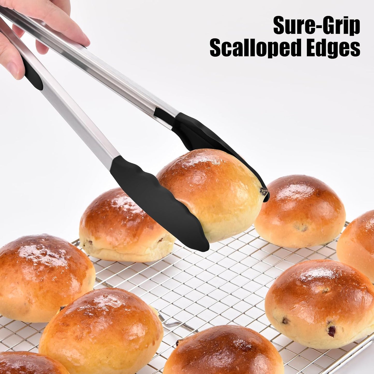 Doosu Kitchen Tongs for Cooking - 600°F Heat Resistant Food Tong Set with Non-Scratch Silicone Tips, Heavy Duty Stainless Steel Locking Tong for BBQ, Grilling Steak, Serving Salad (7+9+12in, Black)