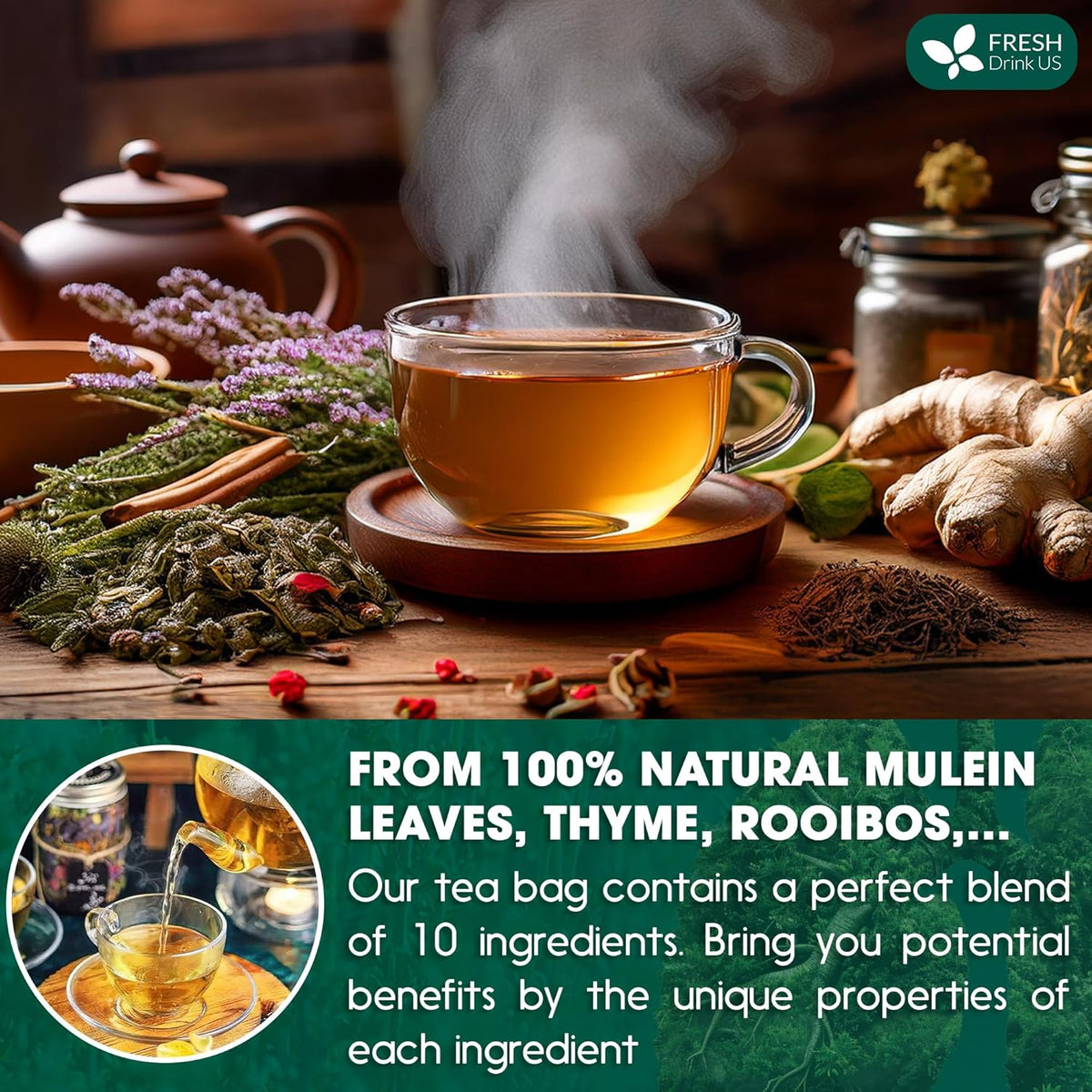 FreshDrinkUS, StrongerLungs 75 Tea Bags - Mullein Leaf, Ginseng, Elderberry, Ginger & Thyme - Supports Lung Cleanse, Congestion Relief & Mucus Detox - Caffeine-Free & All-Natural