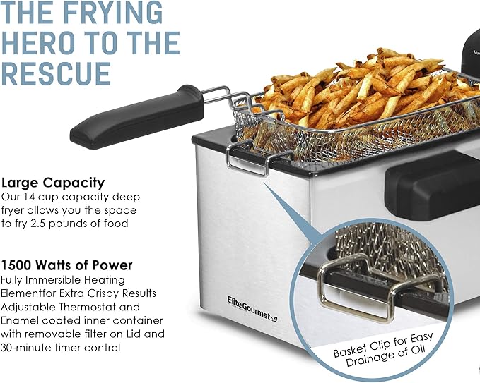 Elite Gourmet EDF-3500# Electric Immersion Deep Fryer. Removable Basket, Timer Control Adjustable Temperature, Lid with Viewing Window and Odor Free Filter