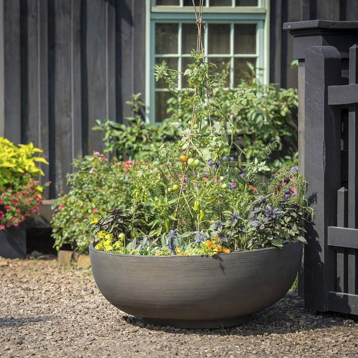 Crescent Garden Extra Large Outdoor Planter Bowl with Drain Hole for Water Gardens, Fountain, Landscaping - 40" W x 15" H (Caviar Black)