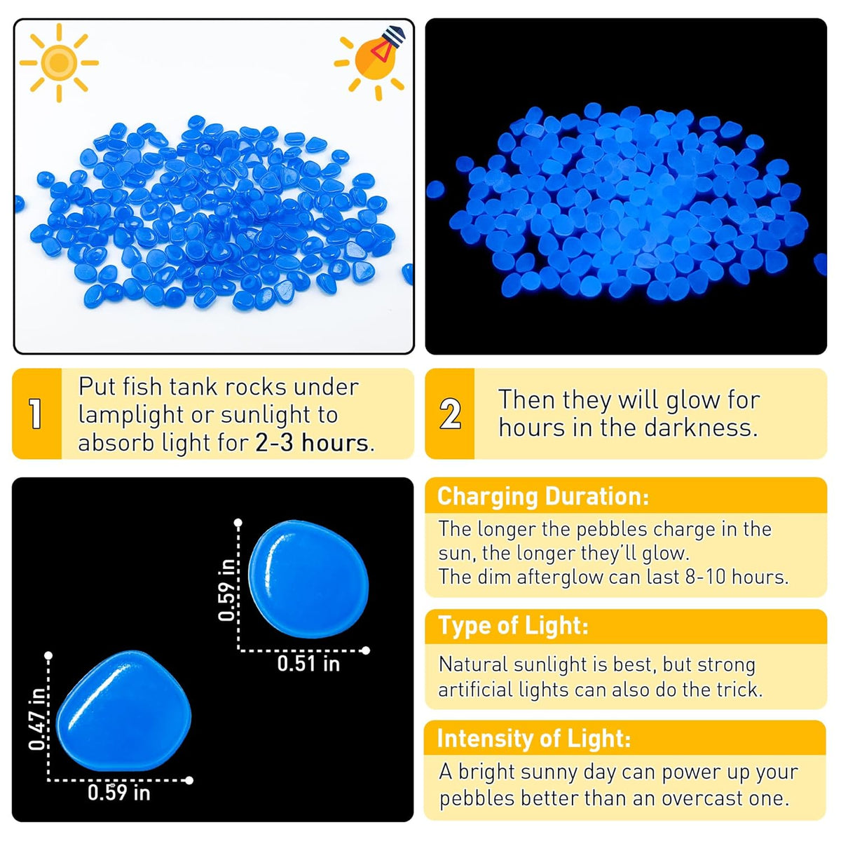 Glow in The Dark Rocks Outdoor Garden Pebbles Stones, 2.2Lbs Blue Fish Tank Glow Rocks Resin Glowing Pebbles for Garden/Aquarium/Planter/Walkway/Driveway